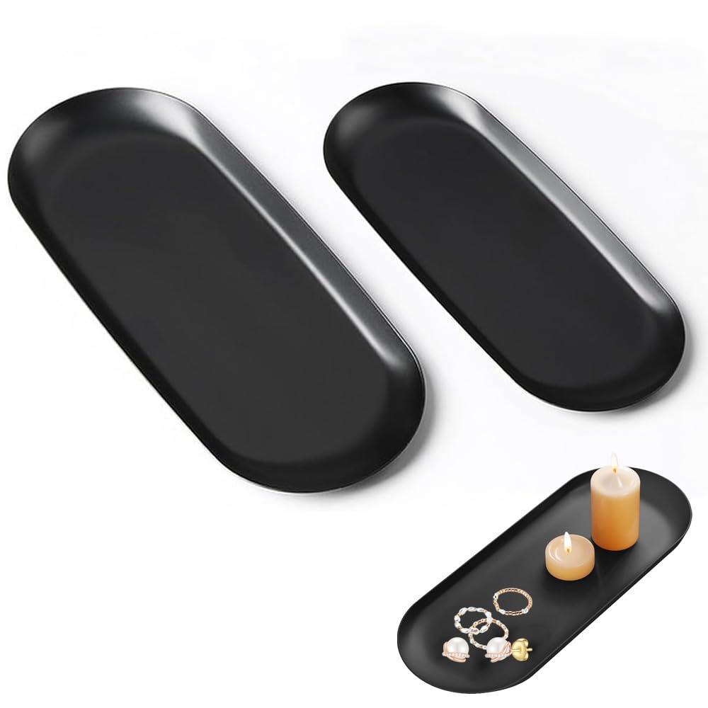 2pcs Stainless Small Tray, Oval Trinket Tray, Black Trays Decorative for Candle Perfume Tea in Bedroom Kitchen Living Room Bathroom & Outdoors