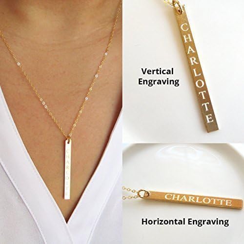 Reversible Custom Vertical Gold Bar Necklace, Personalized Nameplate, Date, Skinny Long Bar, Reversible, 14K Gold Filled, Rose Gold Filled, Silver (CG231N).