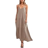 Febriajuce Women’s Summer Maxi Dress Casaul Spaghetti Straps Solid V-Neck Backless Cami Dresses with Two Pockets