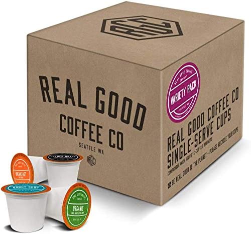 Real Good Coffee CompanySingle Use Coffee Pods - Variety Pack - 4 Roast Options - K-Cup Compatible including Keurig 2.0 Brewers - Recyclable Cups and Packaging - 36 Count