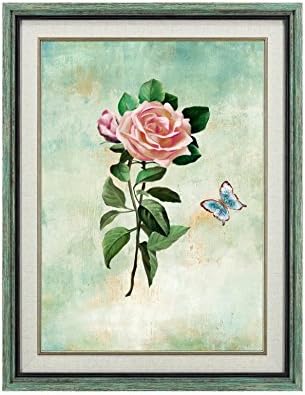 Flower Art Framed Oil Paintings on Canvas Butterfly Pink Rose Picture Printed Artwork for Wall Wood Frames with Hooks to Hang for Home Decor (21 x 27 Inch)