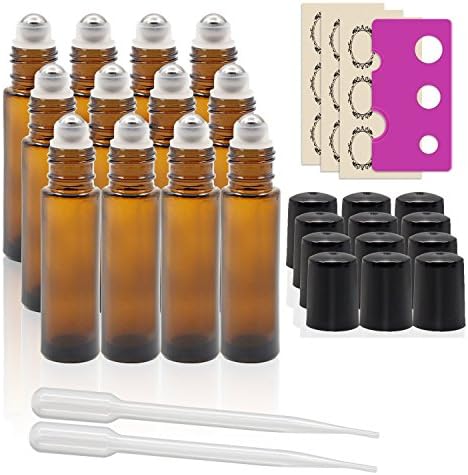 True Aroma, 12 pcs, 10ml Amber Glass Roller Bottles with Stainless Steel Roller Ball for Essential Oil - Includes 12 Pieces Labels, Essential Oils Opener, 2 Droppers (12pc Amber Set)