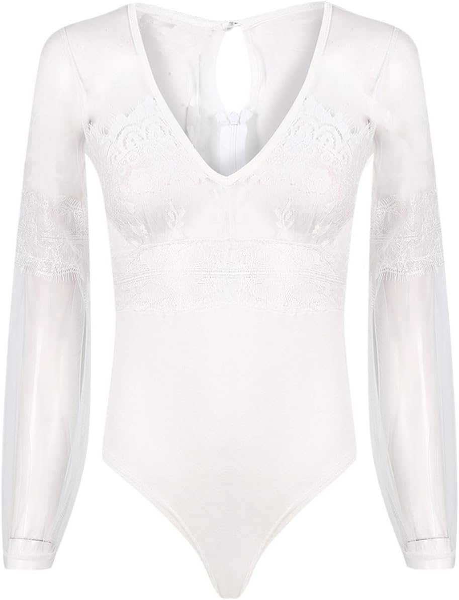 ASMAX HaoDuoYi Womens Lingerie Lace Mesh Long Sleeve Sheer V Neck Leotard Bodysuit
