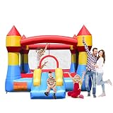 Costzon Inflatable Bounce House, Castle Jumper Slide Mesh Walls, Kids Party Jump Bouncer House w/Net, Carry Bag Without Blower (Castle Theme)