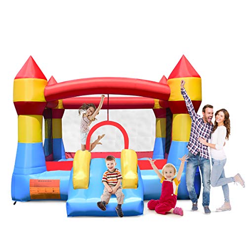 Costzon Inflatable Bounce House, Castle Jumper Slide Mesh Walls, Kids Party Jump Bouncer House w/Net, Carry Bag Without Blower (Castle Theme)
