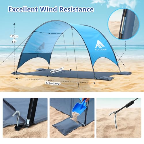 Beach Shelter with UV Protection UPF 50+ - Portable Beach Canopy & Sun Protection for Beach, 360° Ventilation, 4 Sandbags, Double Pockets, Pegs & Ropes (270 x 165 x 158 cm)