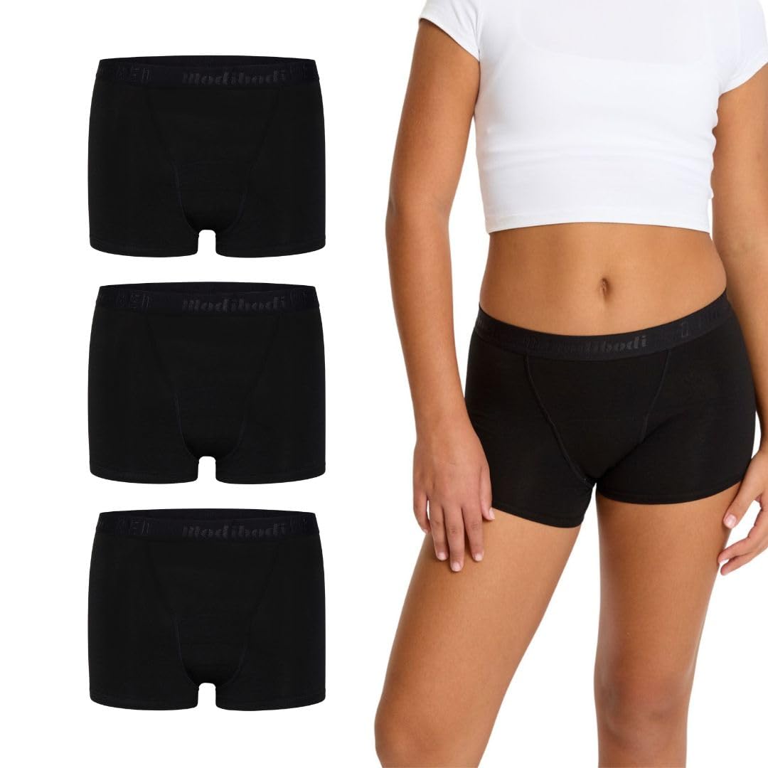 Modibodi Teen Hipster Boyshort Moderate 3 Pack Black Y14-16
