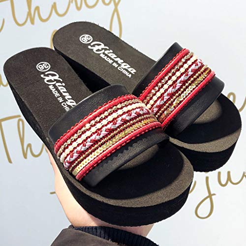 Respctful✿Women's Casual Flat Slides Boho Pattern Glitter Slip On Footbed Platform Sandals Red