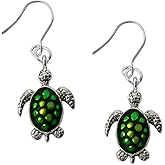 Green Sea Turtle Dangle Earrings for Women – Cute Silver Tone Turtles Jewelry with Shimmer Enamel Shell – Lightweight Hook Pierced Earrings, Ocean & Beach Theme Gift