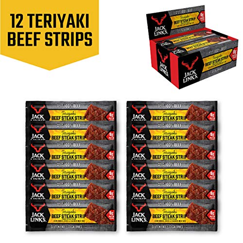 Jack Link's Beef Strips, Teriyaki, 12 Count - Great Protein Bar, Meat Bar with 8g of Protein and 70 Calories, Made with 100% Premium Beef, Gluten Free, No added MSG or Nitrates/Nitrites