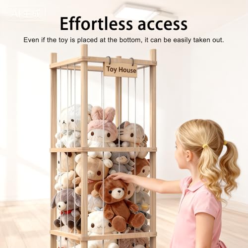 Stuffed Animal Organizer with Elastic Band, Zoo Plush Toy Storage Holder for Nursery, Toddler Room, Playroom, Bedroom, Wooden 40 * 40 * 136Cm