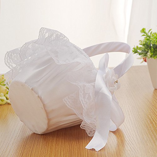 Biback Wedding Flower Girl Basket Rosette Lace Bowknot Rhinstone Satin Wedding Petal Baskets with Ribbon