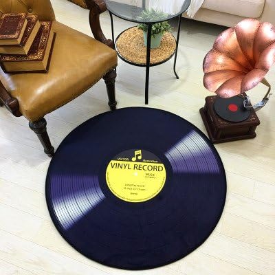 fangcloudy Retro Vinyl Record Design Round Area Rug Black CD Non-Slip Creative Round Area Rug Diameter 31 inch (Yellow)