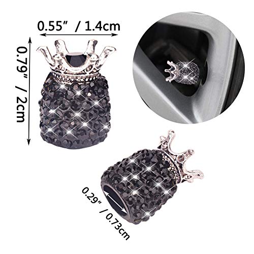 Valve Stem Caps, 4 Pack Handmade Crystal Rhinestone Universal Car Tire Valve Caps Chrome,Attractive Dustproof Bling Car Accessories - Black Diamond Crown - Thumbnail 4