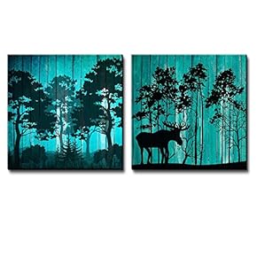 Silhouette of Trees on a Forest Along with Silhouettes of Trees and a Moose Over Teal Wooden Panels - Canvas Art Home Art - 12x12 inches