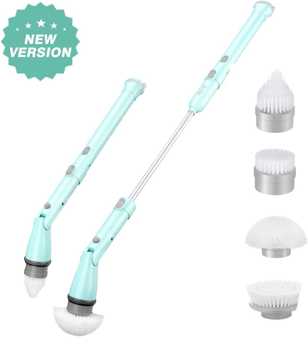 Homitt Electric Spin Scrubber, Cordless Power Floor Scrubber with 4 Replaceable Cleaning Brush Heads, 1 Extension Arm and Adapter for Floor, Bathroom, Kitchen, Outdoors - Blue