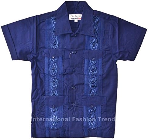 Chic Elegant Boys Toddler Guayabera Shirt Short Sleeve Button-Up Cuban Casual Dress Navy Size 10