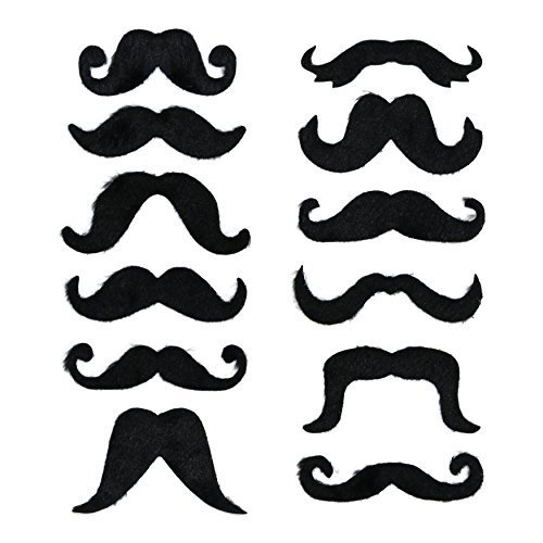 Robelli Pack of 12 Black Assorted Self-Adhesive Fancy Dress Curly Moustaches