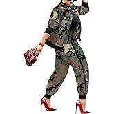 Sexyshine Women's Casual 2 Piece Camouflage Print Outfits Zip Up Long Sleeve Jacket Baggy Long Pants Work Set Tracksuit