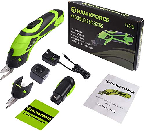Hawkforce Electric Scissor 2 Rechargeable Batteries 2 PCS Cutting Blades Power Cordless Scissors 4V Li-Ion Box Cutter Shears Cutting Tool for Cutting Fabric, Leather