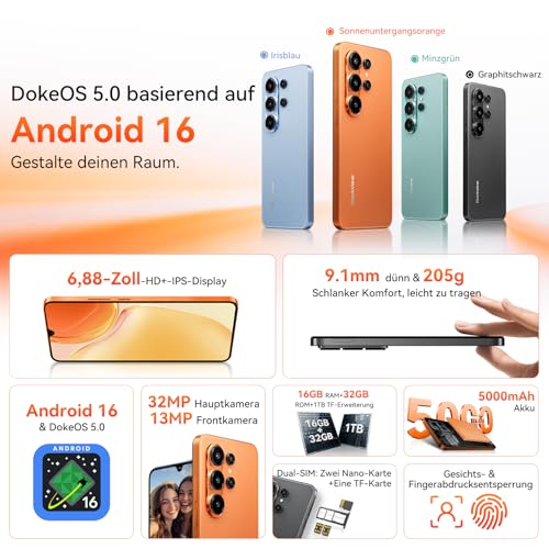Blackview Wave 10C Teléfono Móvil Android 16, 16GB+32GB/1TB, 32MP+13MP, 5000mAh, 6.88" Pantalla, 4G Dual SIM, GPS, 3 Ranuras, 3.5mm, 3 Años Garantía, Verde