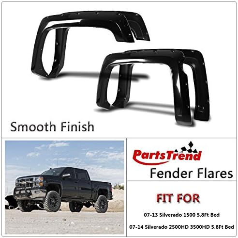 PartsTrend for 2007-2014 Chevy Silverado 1500 2500HD 3500HD 5.8FT Fender Flare Set Riveted Style Smooth Black