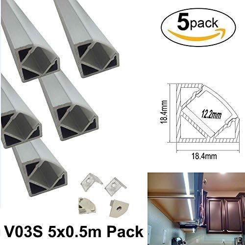 LightingWill 5-Pack 1.64ft/0.5M Silver LED Aluminum Channel 18x18mm V-Shape Corner Mounting Aluminum Profile Internal Width 12mm with End Caps and Mounting Clips for Flex LED Strip Lighting-V03S0.5