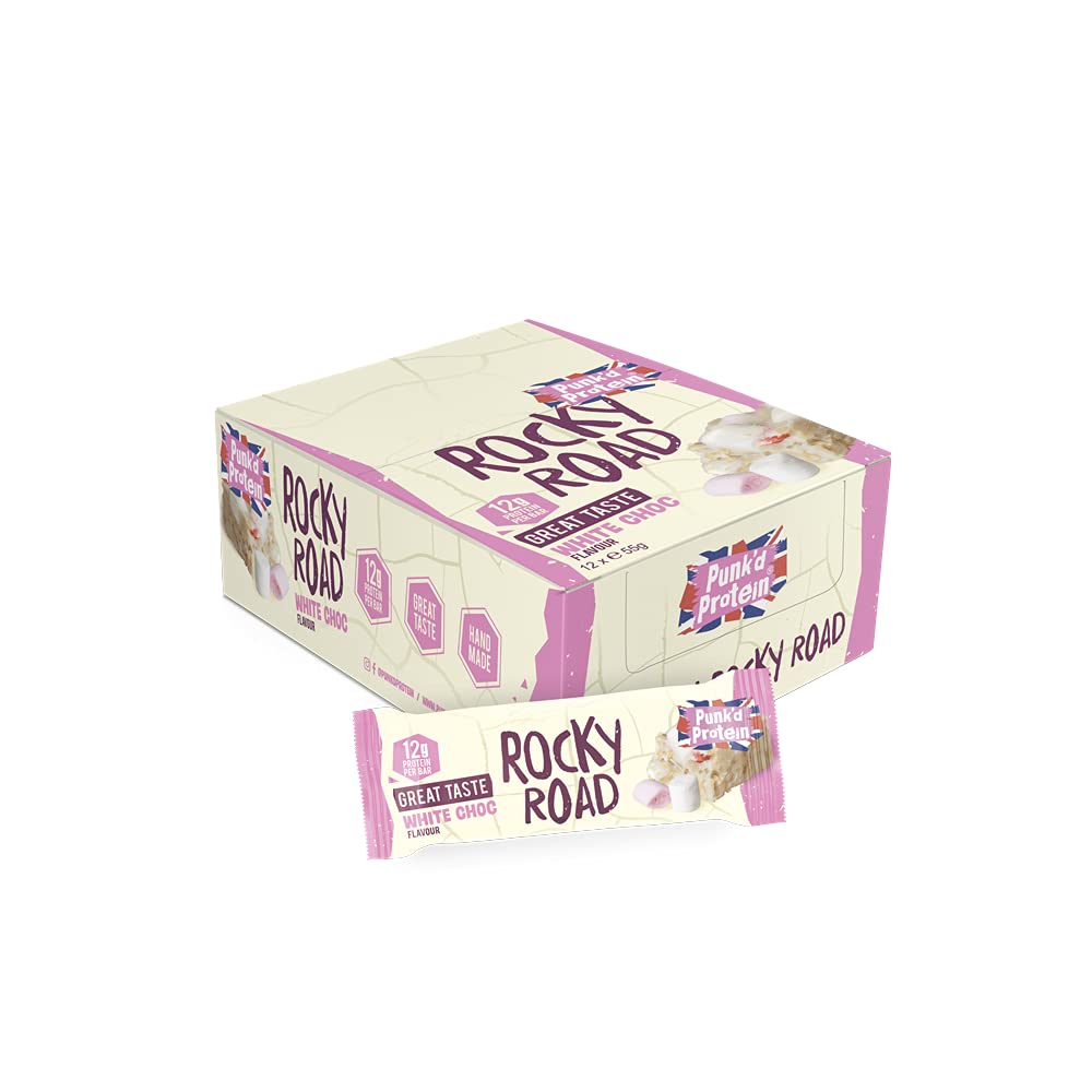 Punk'd Protein Rocky Road Bars (Box of 12x e55g) - Pack of 12 Handmade Classic Rocky Road White Chocolate Protein Bars (12g per Bar) | Delicious Protein Snack