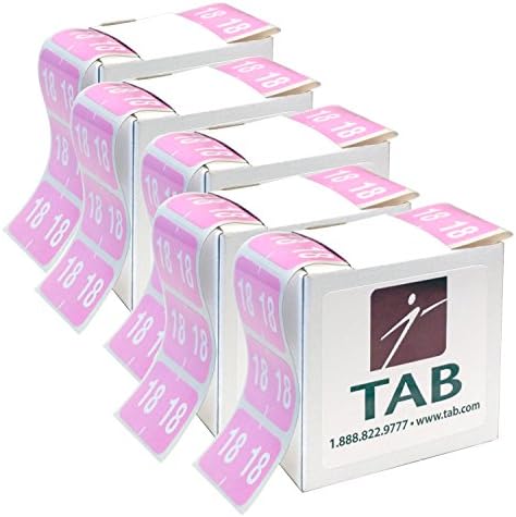 TAB 2 Digit Year Label, 2018, 1" High, Light Pink, Bulk (5 Rolls of 500)