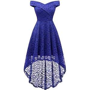 Homrain Vokuhila Jurk, voor dames, met kant, schoudervrij, rockabilly, cocktailjurk, avondjurk, bruidsmeisjesjurk