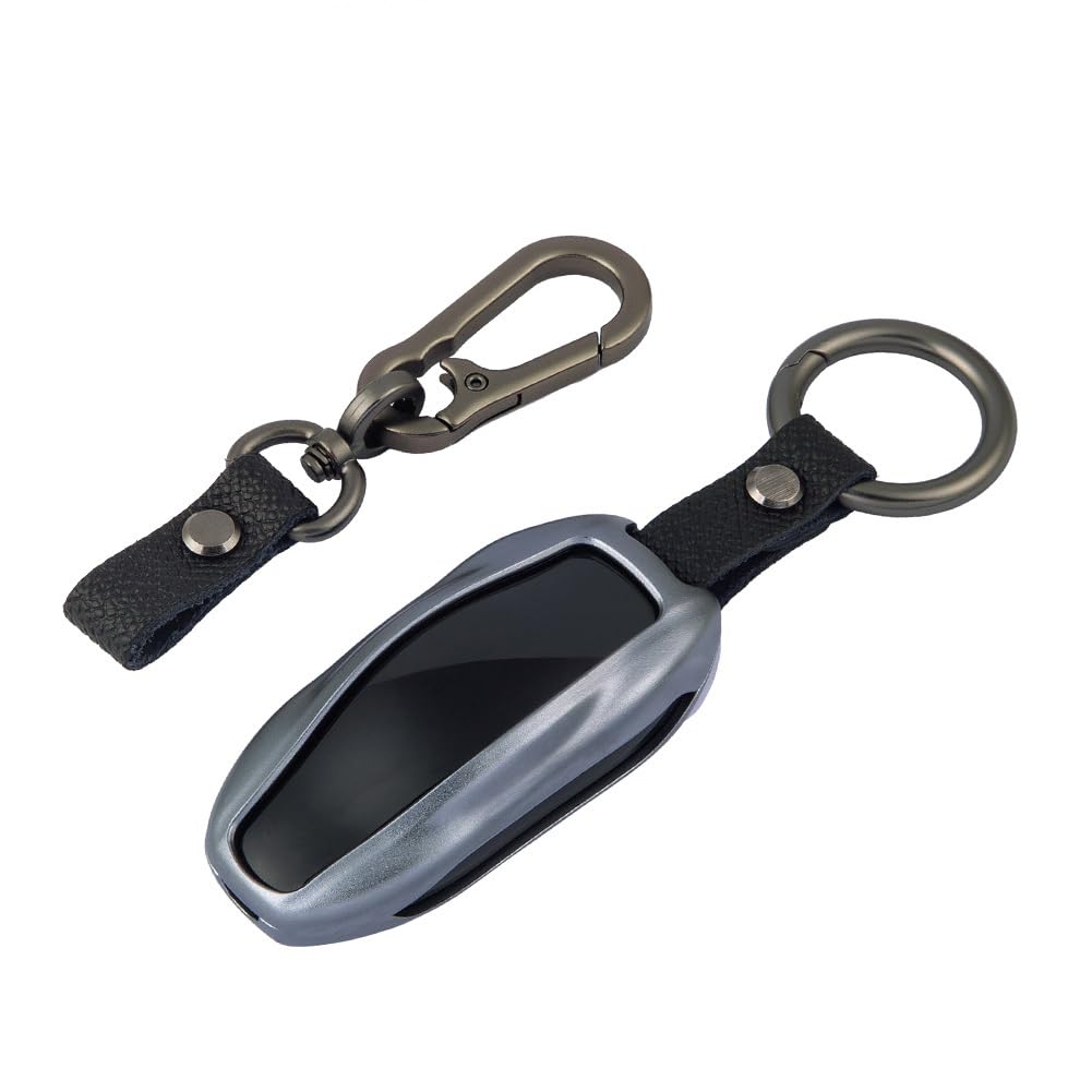 ISDORE Premium Tesla Key Fob Cover for Model X - Aircraft Aluminum Flip Key Protection Case with Leather Keychain - Keyfob Holder Compatible with Tesla (Model X, Gray)