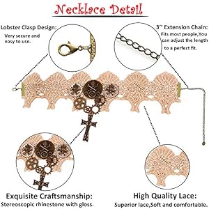 Qrettie Steampunk Gothic Lace Choker Necklace - Adjustable Clock Gear Cog Design For Halloween & Costume Parties - View #3