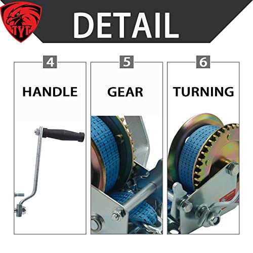 TYT 1200lbs Heavy Duty Boat Trailer Winch, 8M(ft) Nylon Strap and Hook Manual Hand Winch, Two Way Ratchet with Safety Pawl for ATV Boat Trailer Truck Winch Pulling (Blue Strap) - Image 6