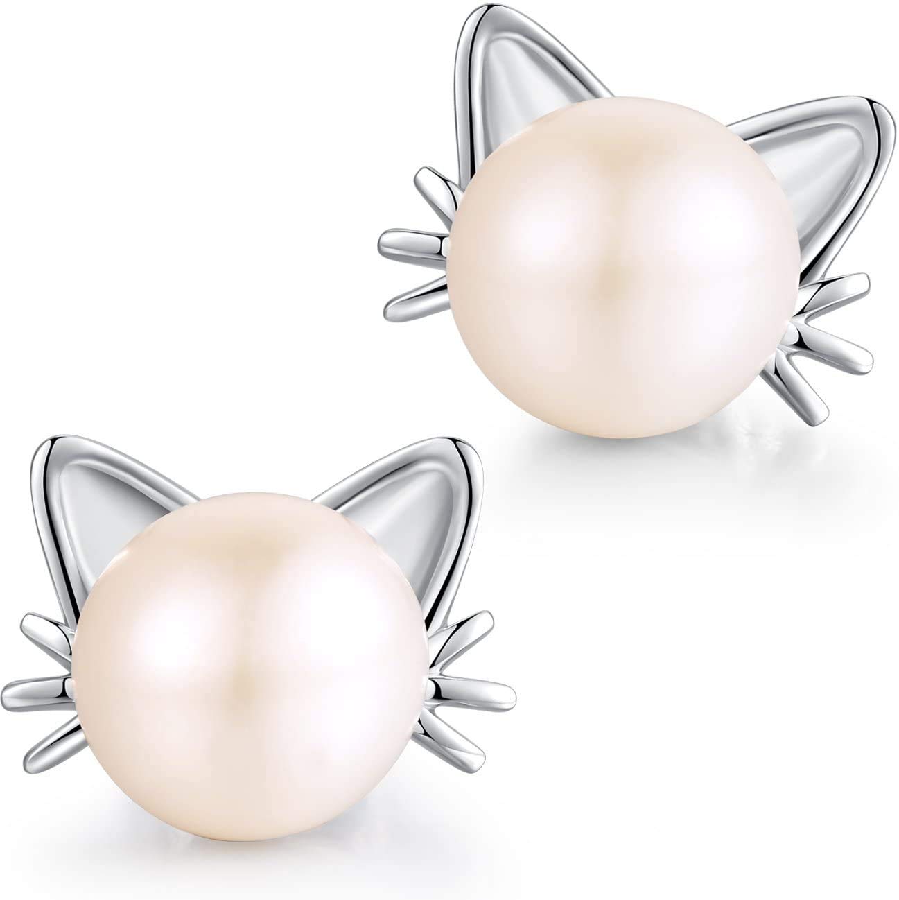 Jiahanzb Cat Pearl Stud Earrings Freshwater Cultured Pearl Stud Earrings 925 Sterling Silver jewellry for Women 8 mm White — image 1