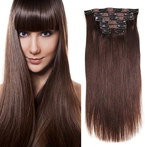 Clip in Real Human Hair Extensions Straight Dark Brown (#2) 7 Pieces 80 Grams/2.82oz (16", #2)