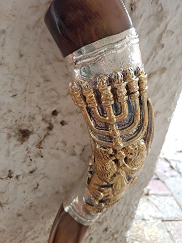 Shofar Yemenite Kudu Horn 24''+ with Sterling Silver Plated Lion of Judah + Menorah