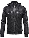 Tanming Men's Pu Leather Jacket with Removable Fur Hood