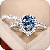 RKKOJJO 925 Sterling Silver Blue Cubic Zirconia Stacking Ring Pear Diamond Ring Engagement Ring Wedding Band Rings for Women