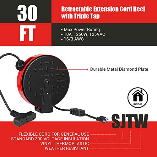 DEWENWILS 30 Ft Retractable Extension Cord Reel, Ceiling or Wall Mount