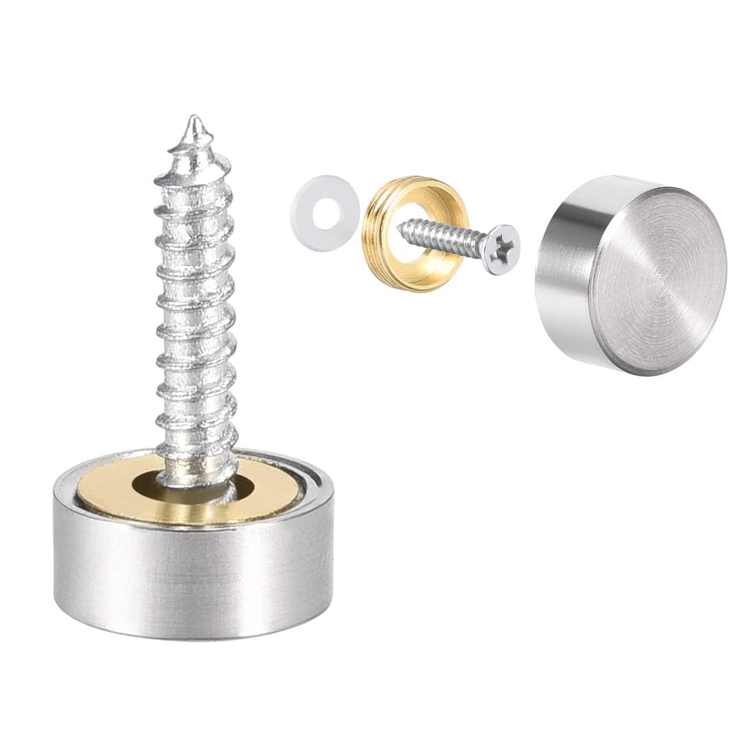 TOP-VIGOR 4Pcs Mirror Screws, 12mm Mirror Screws Cap Nail with Washers, Decorative Cap Covers Brushed Mirror Nails for Mirrors, Furniture Fittings, Tables, Wardrobes, Glass, Silver