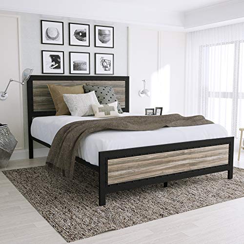 Amooly Full Metal Bed Frame with Wood Headboard Platform Bed Frame/Strong Slat Support/Easy Assembly/Box Spring Optional(Full)