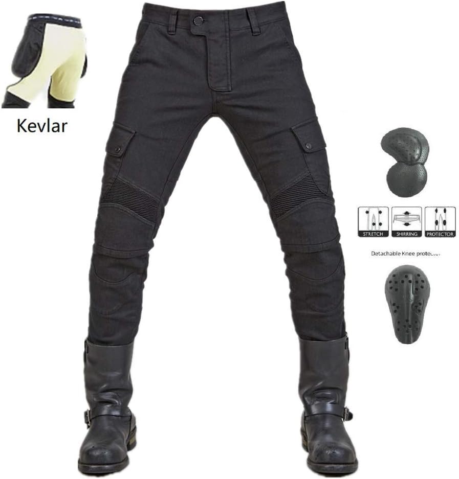 Jeans Da Moto Uomo Con Protezioni Aramidiche – Rinforzati Su Fianchi, Ginocchia E Cosce – Cargo Nero Con Protezioni CE Rimovibili