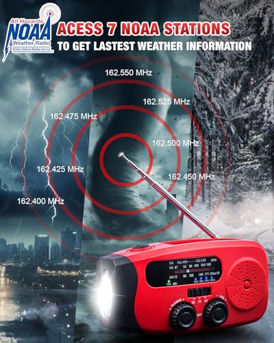 Emgykit 086S Hand Crank Emergency Radio - 2000mAh/7400mWh AM/FM/NOAA Solar Hand Crank Emergency Radio with 3 LED Flashlight, SOS Function for Emergencies, Camping - Red