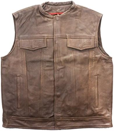Basic Motorcycle Leather Vest. Concealed &amp; outside Pockets, The Perfect Choice for Comfort and Extra Warmth by The Pierce Arrow Brand. Get yours NOW. (M, Distressed Brown)
