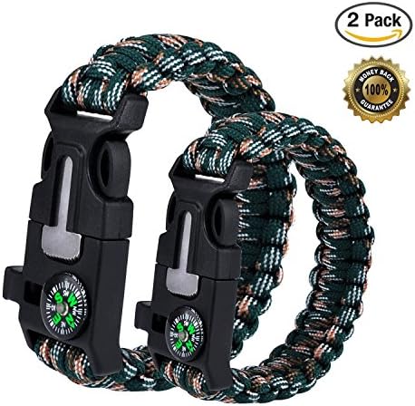 2PCS Survival Bracelet, Outdoor Survival Paracord Bracelet Kit with Compass, Whistle, Knife, Flint Fire Starter for Camping Hiking Fishing Running