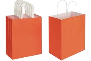 Oikss 50 Pack 8x4.75x10 Inch Medium Orange Kraft Paper Bags with Handles Bulk for Birthday Wedding Party Favors Grocery Retail Shopping Takeout Business Goody Craft Gift Bags Sacks, (50pcs Count)