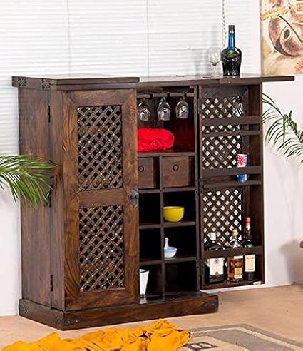 B.L Wood Furniture Sheesham Wood Stylish Bar Cabinet with Wine Glass Storage for Living Room | Dark Brown Finish