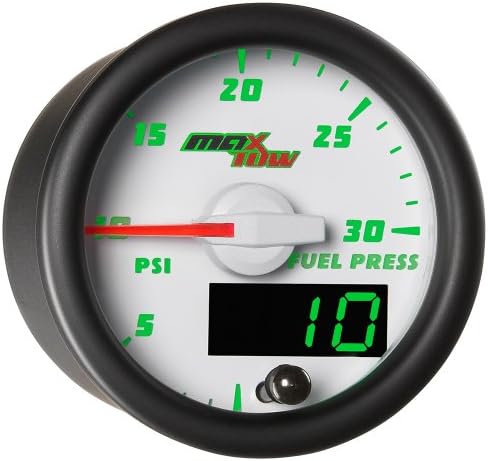 MaxTowDouble Vision 30 PSI Fuel Pressure Gauge Kit - Includes Electronic Sensor - White Gauge Face - Green LED Illuminated Dial - Analog & Digital Readouts - for Diesel Trucks - 2-1/16" 52mm
