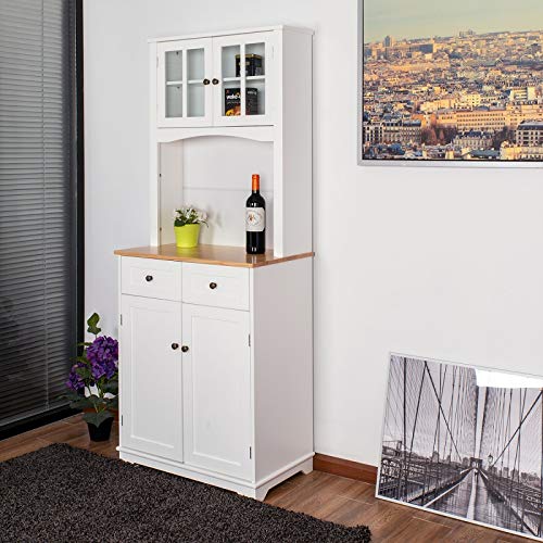 Amooly Buffet Hutch Standing Kitchen Cabinet with Top & Bottom Enclosed,Glass Doors,2 Drawers and Large Open Space for Microwave,White
