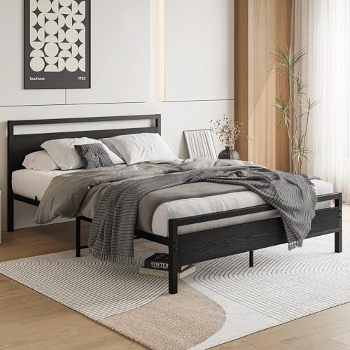 HOJINLINERO Queen Bed Frame with Wood Headboard,Metal Platform Bed Frame Queen Size with Storage No Box Spring Needed,Heavy Duty Queen Size Bed Frame Metal Slats Support Mattress Base No Noise,Black